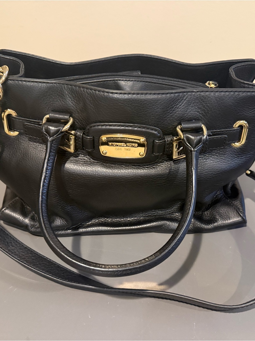Michael Kors Black Leather Shoulder Bag with Gold Hardware